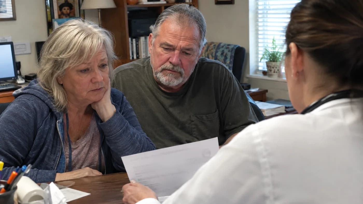An older couple at a doctor's office desk looking at a lab printout together