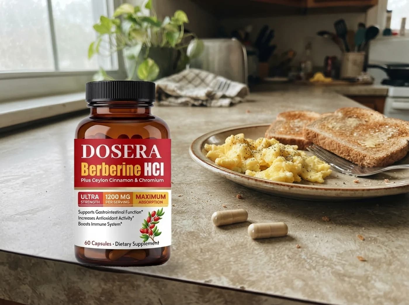 An open berberine bottle next to two capsules and a breakfast plate