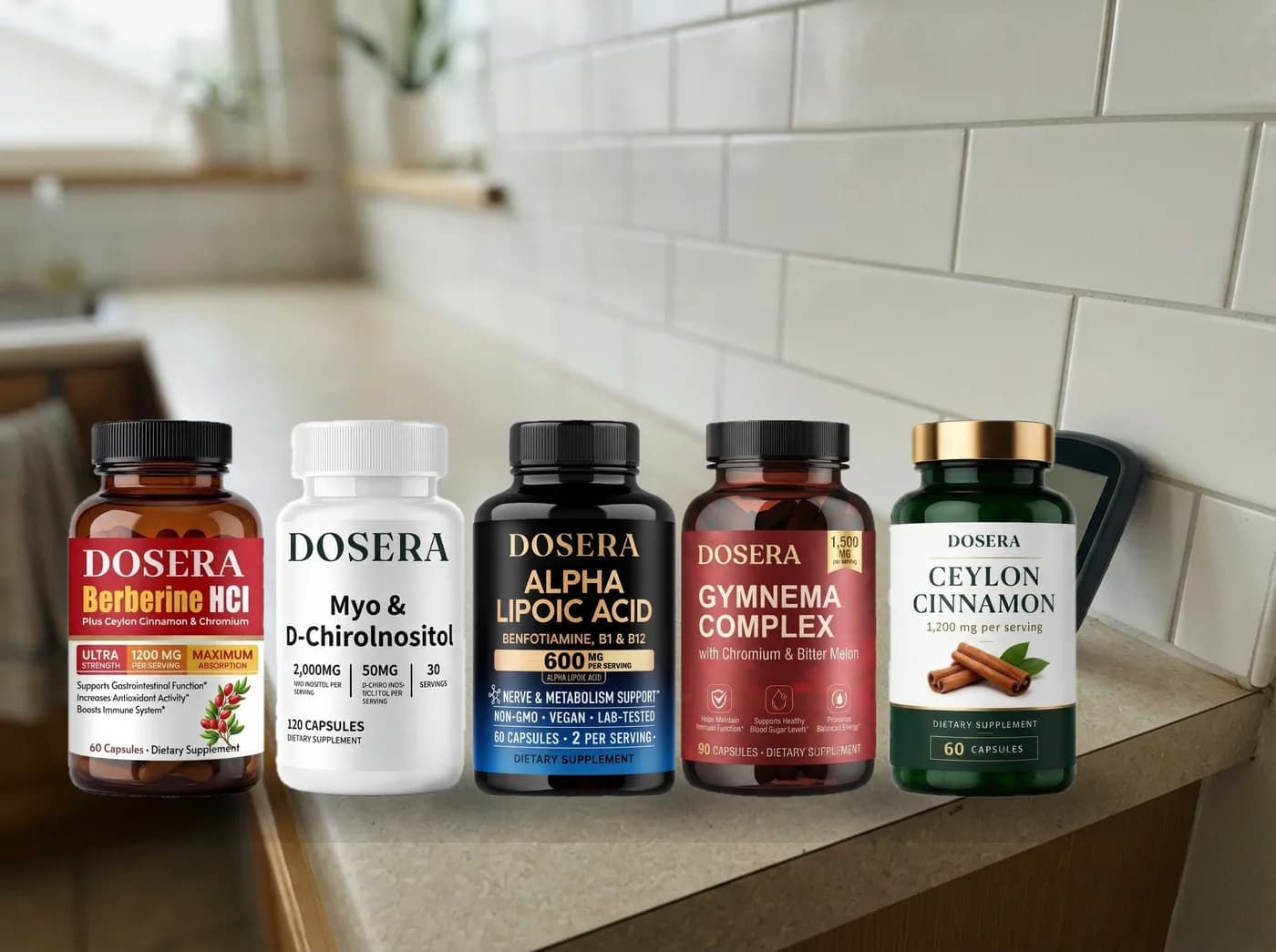 The five bottles lined up on a kitchen shelf beside a glucose meter