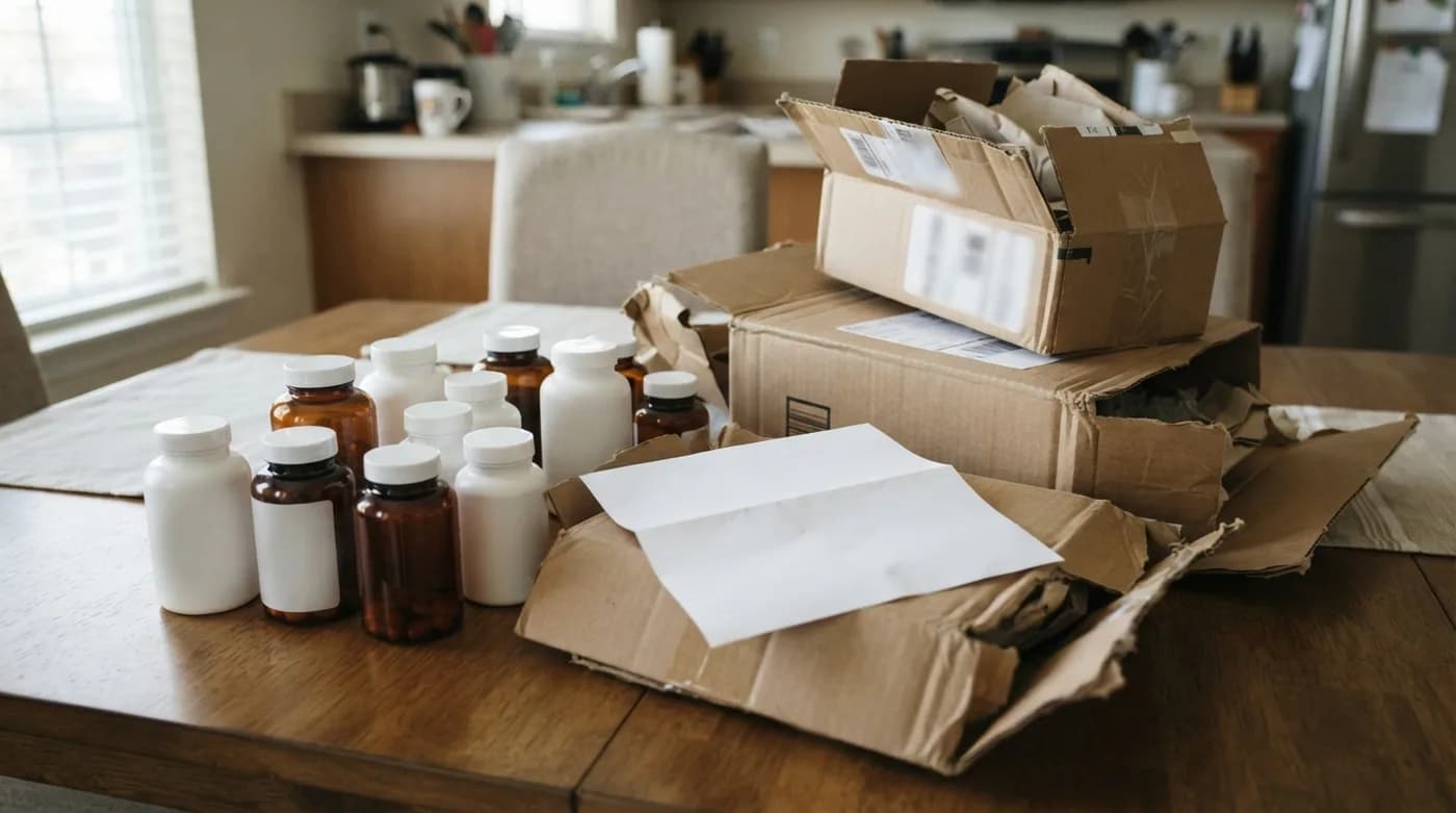 Several supplement bottles and a pile of mail-order boxes on a dining table