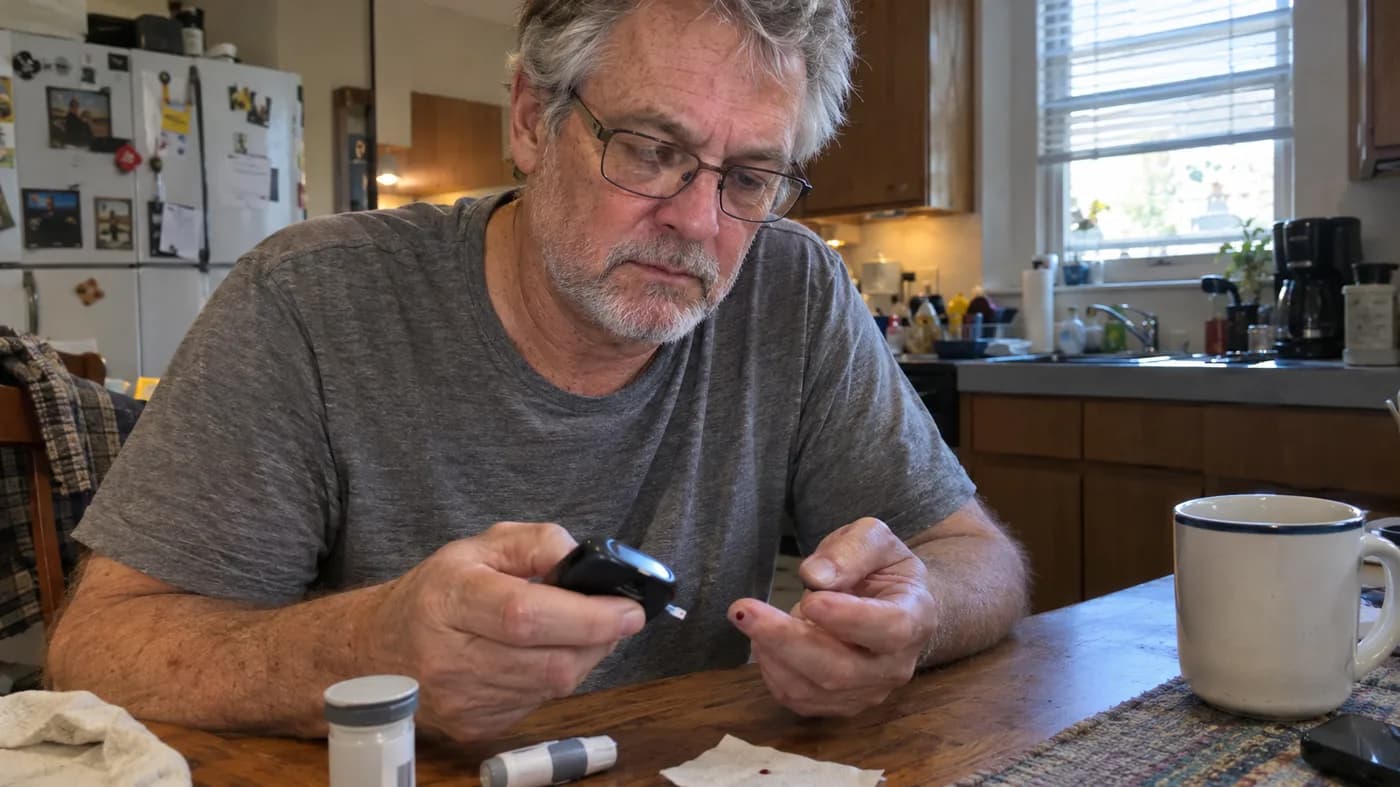 A man in his sixties checking his morning reading on a glucose meter at the kitchen table