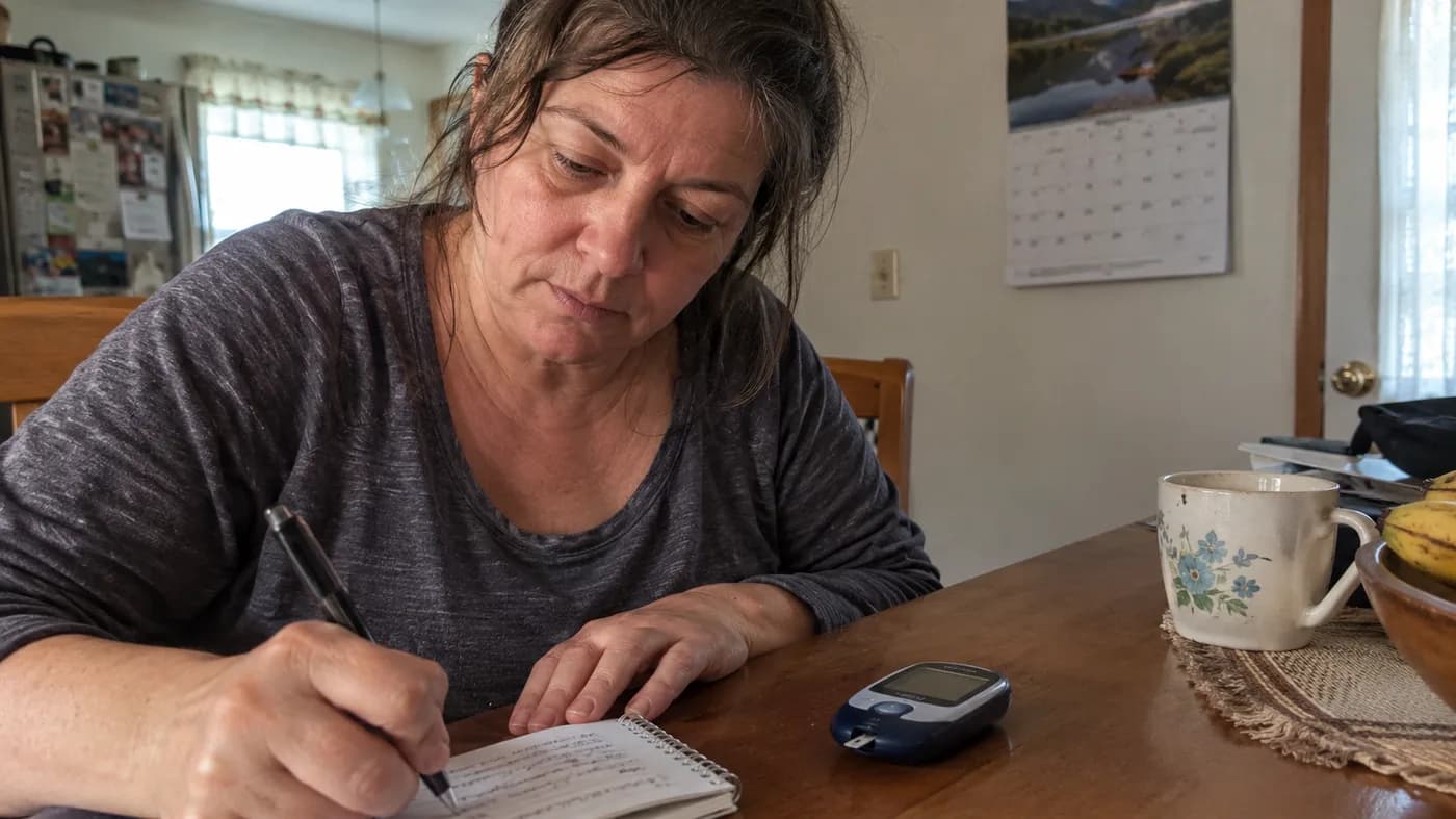 A woman in her fifties writing her morning reading in a paper log next to a meter and a calendar