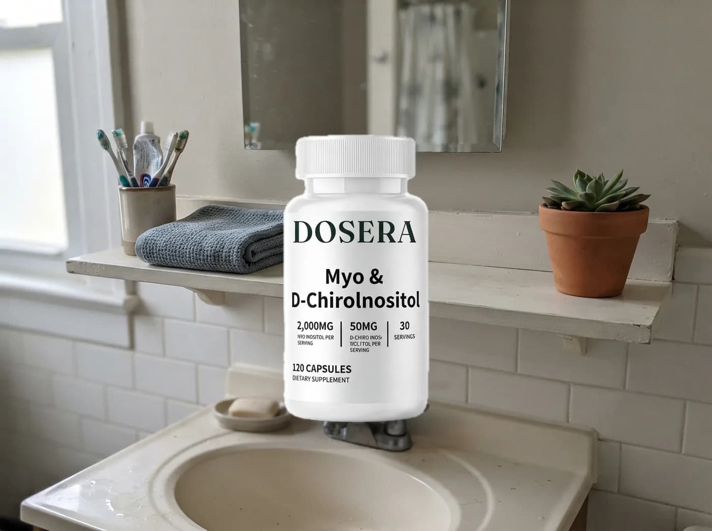 The 40:1 inositol bottle on a bathroom shelf next to a toothbrush cup