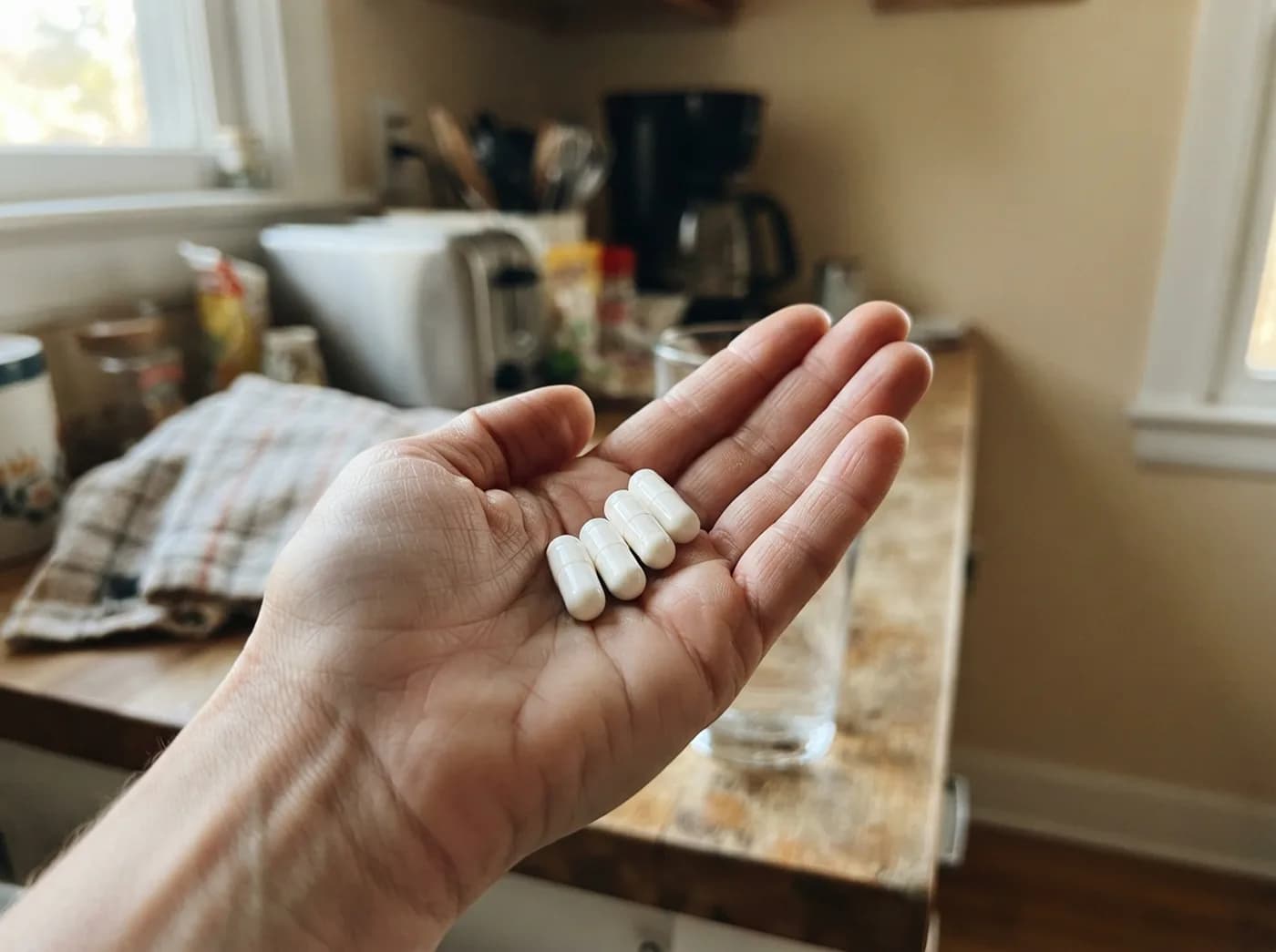 Four capsules in a woman's palm next to a glass of water