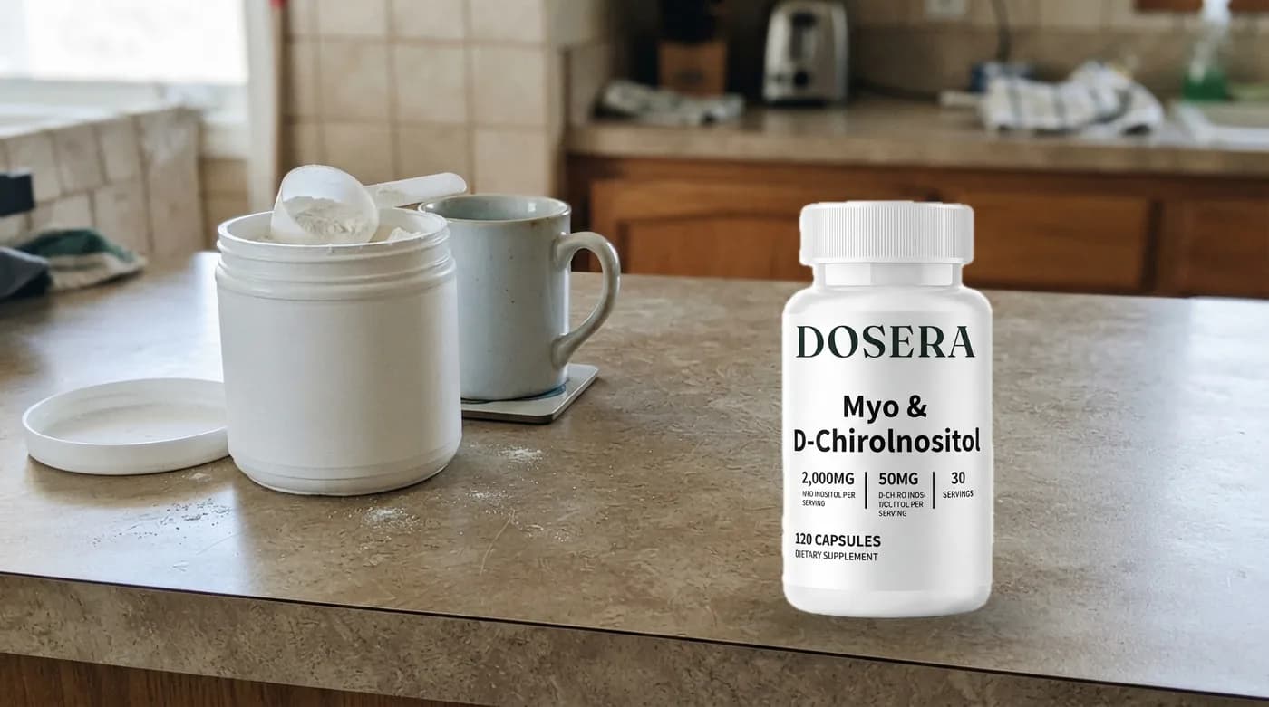 A capsule bottle and a powder tub side by side on a counter next to a coffee mug