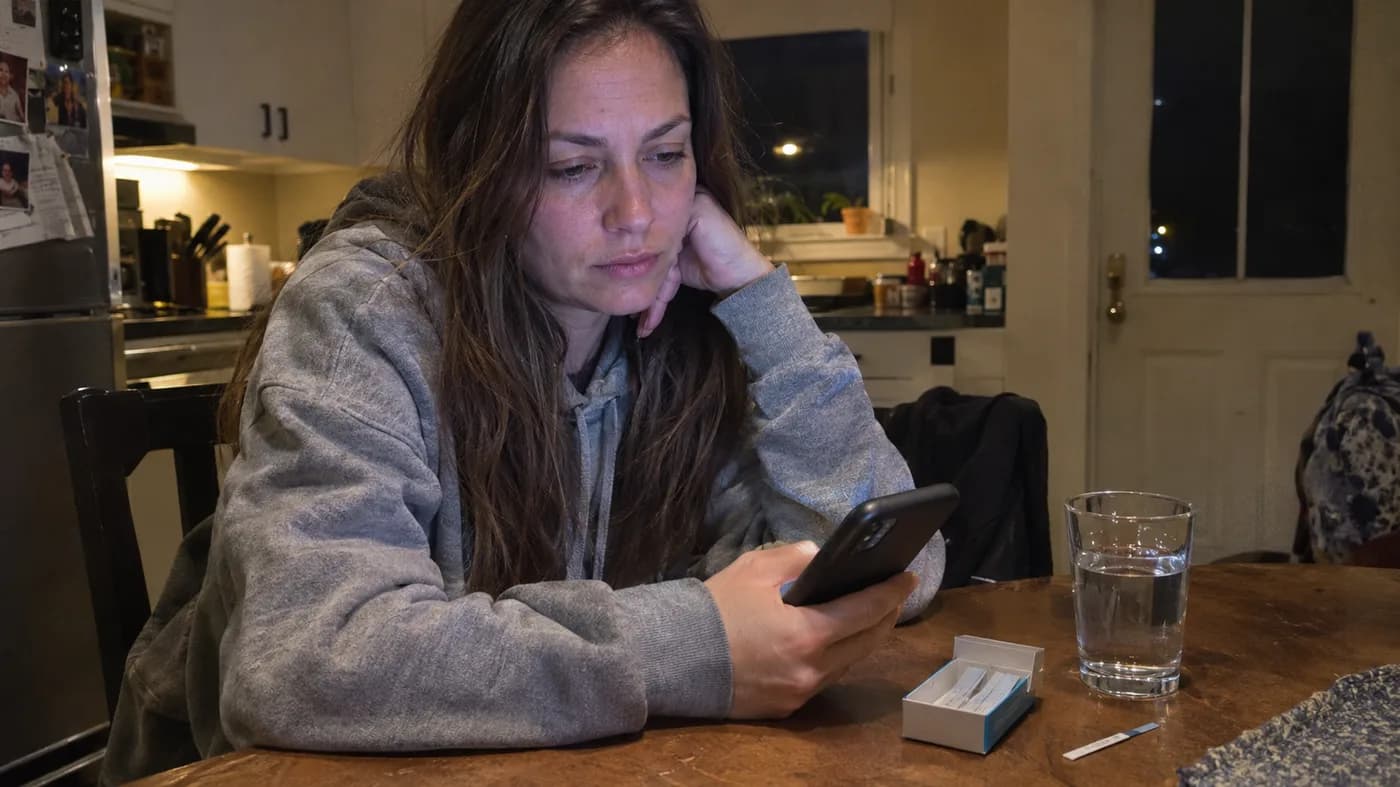 A woman in her thirties at a kitchen table looking at a period tracking app, with ovulation strips beside her