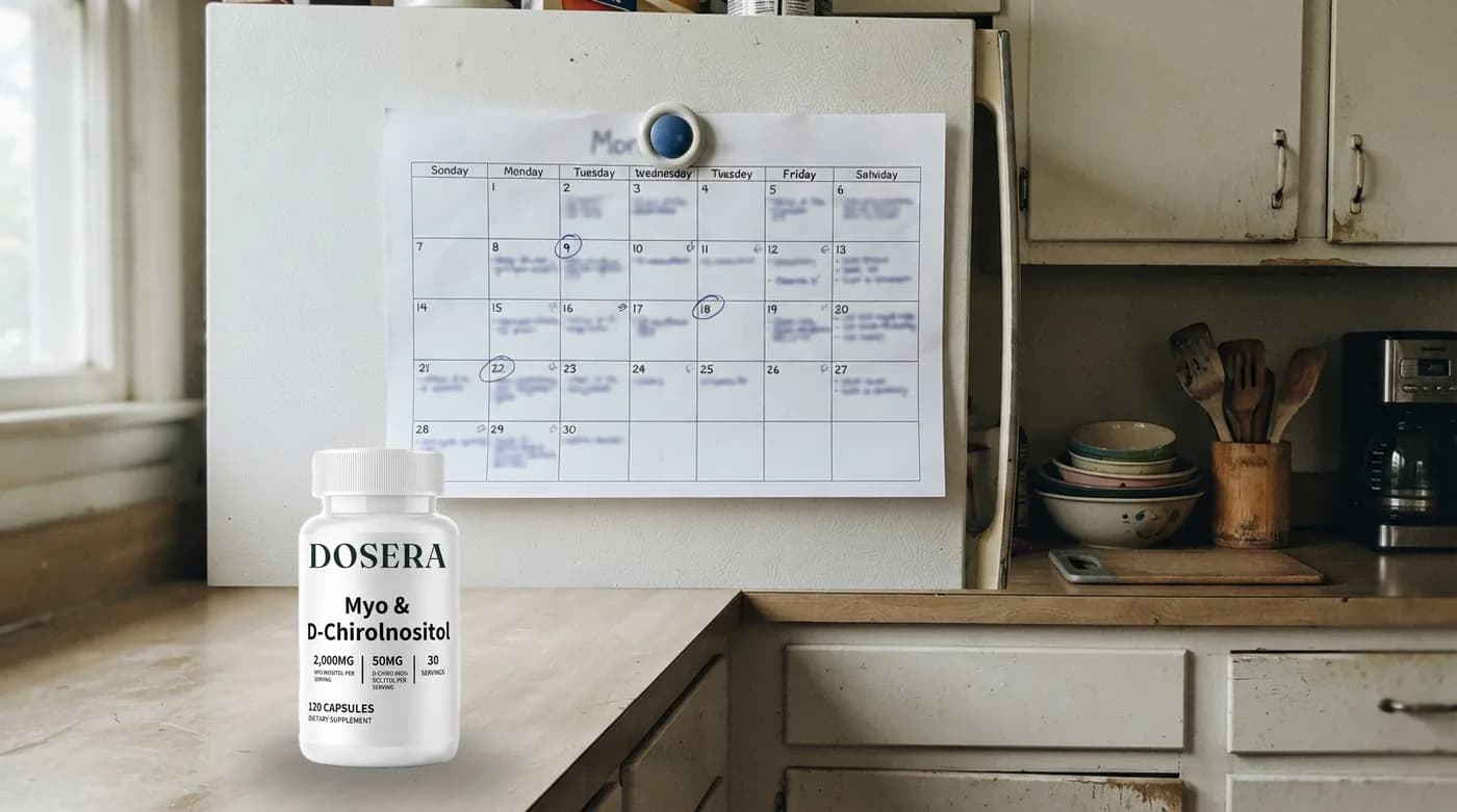A paper wall calendar on a fridge with a few days circled in pen
