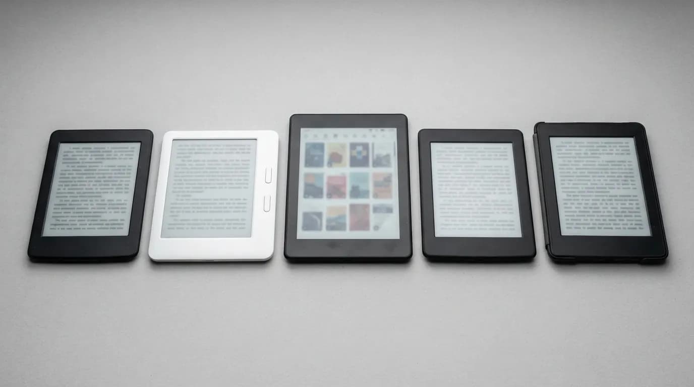 Five unbranded e-readers in a row on a light-grey studio backdrop