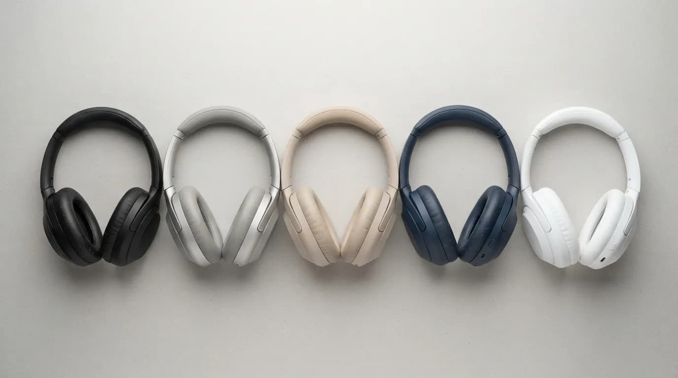 Five unbranded over-ear headphones in black, silver, beige, navy and white lined up on a light-gray backdrop