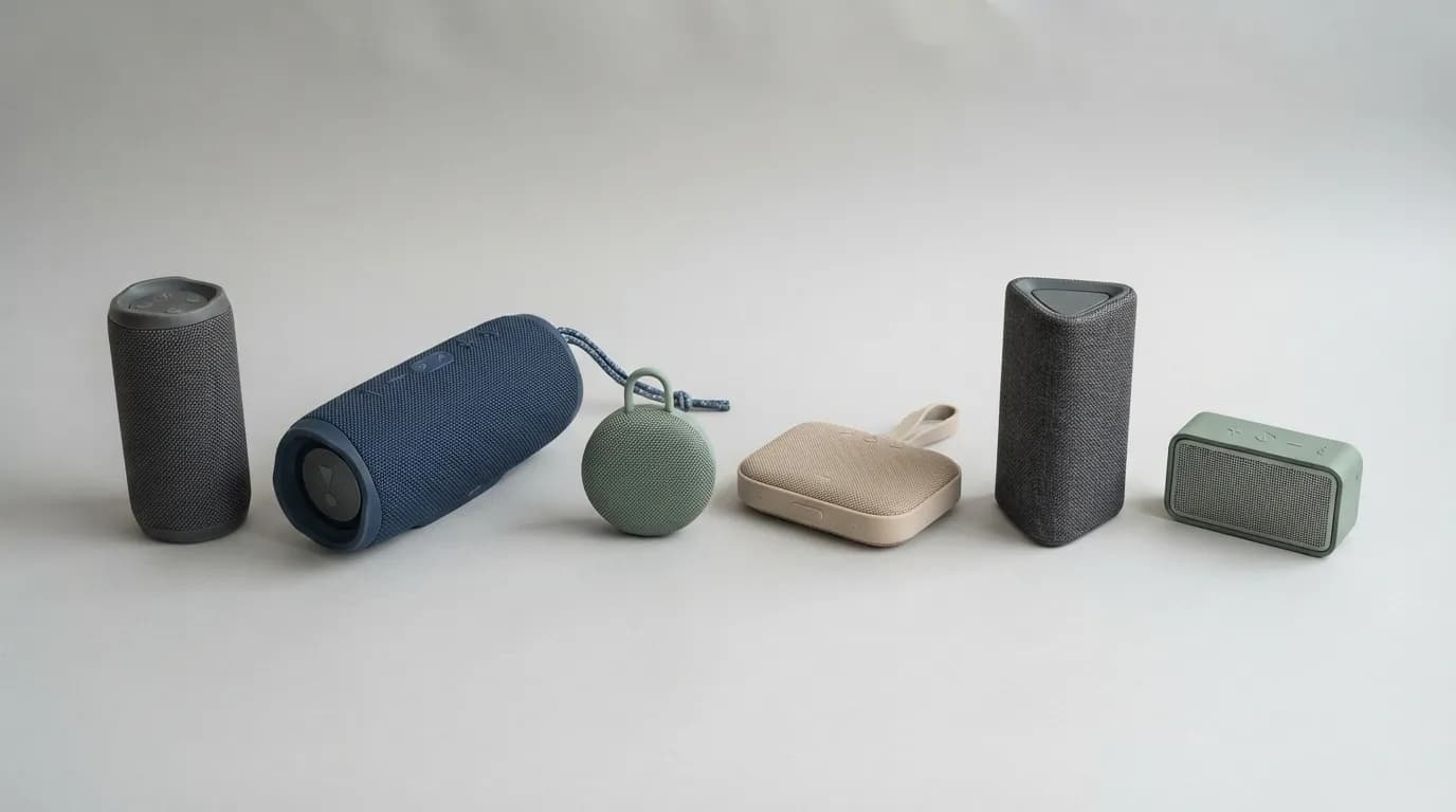 Six unbranded portable Bluetooth speakers of different shapes in a row on a light-grey studio backdrop