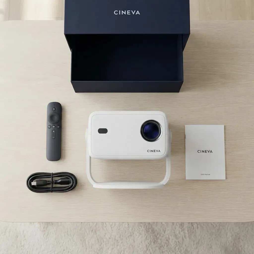 The Cineva One, its voice remote, power lead and manual laid out next to the box
