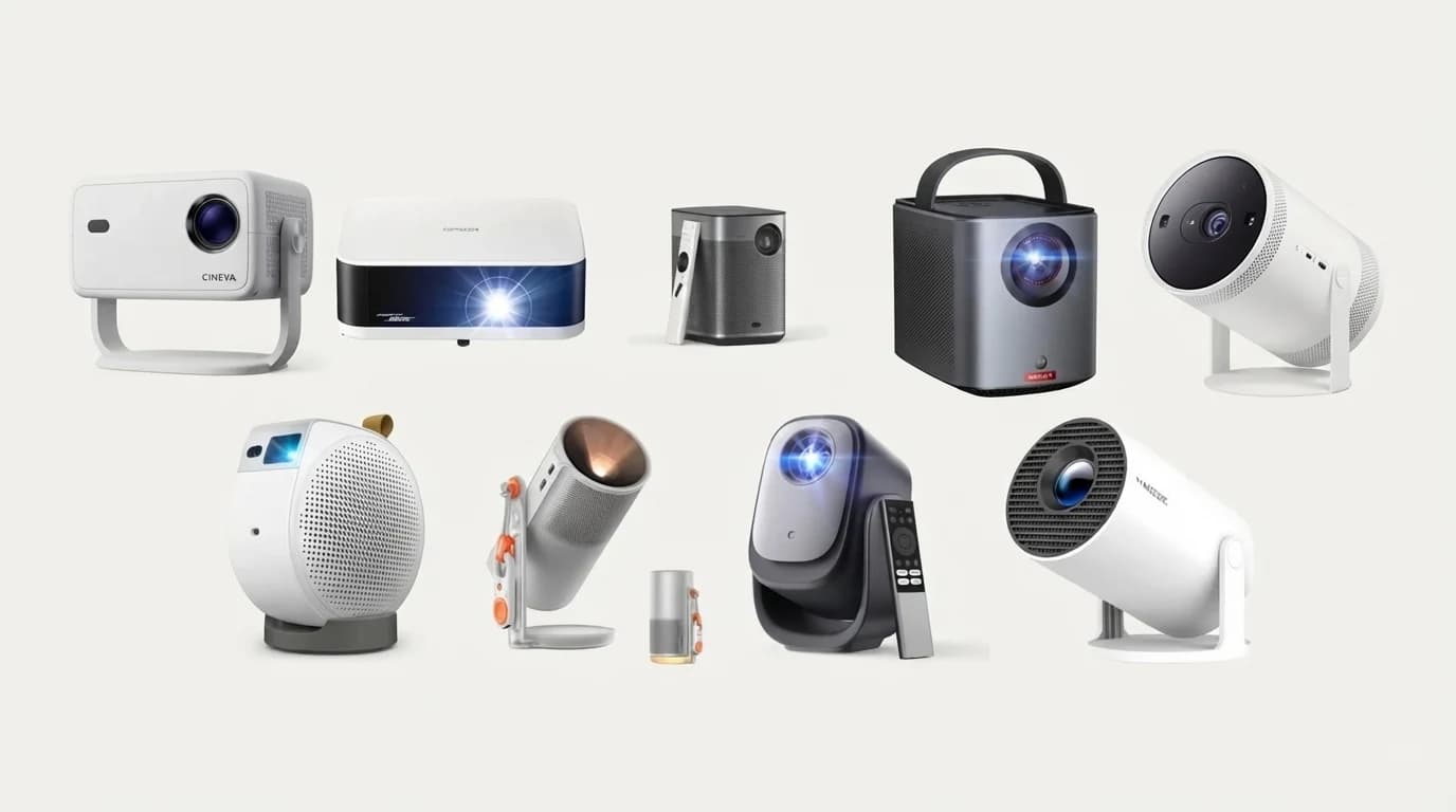 Nine home projectors side by side: Cineva One, Epson EF-61, XGIMI Halo+, Nebula Mars 3 Air, Samsung Freestyle, BenQ GV50, XGIMI MoGo 4, Dangbei N2 Mini and a cheap Amazon projector