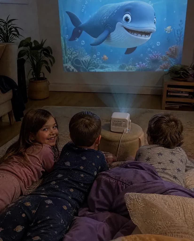 Three children in pyjamas on a duvet watching a big underwater cartoon on a bedroom wall