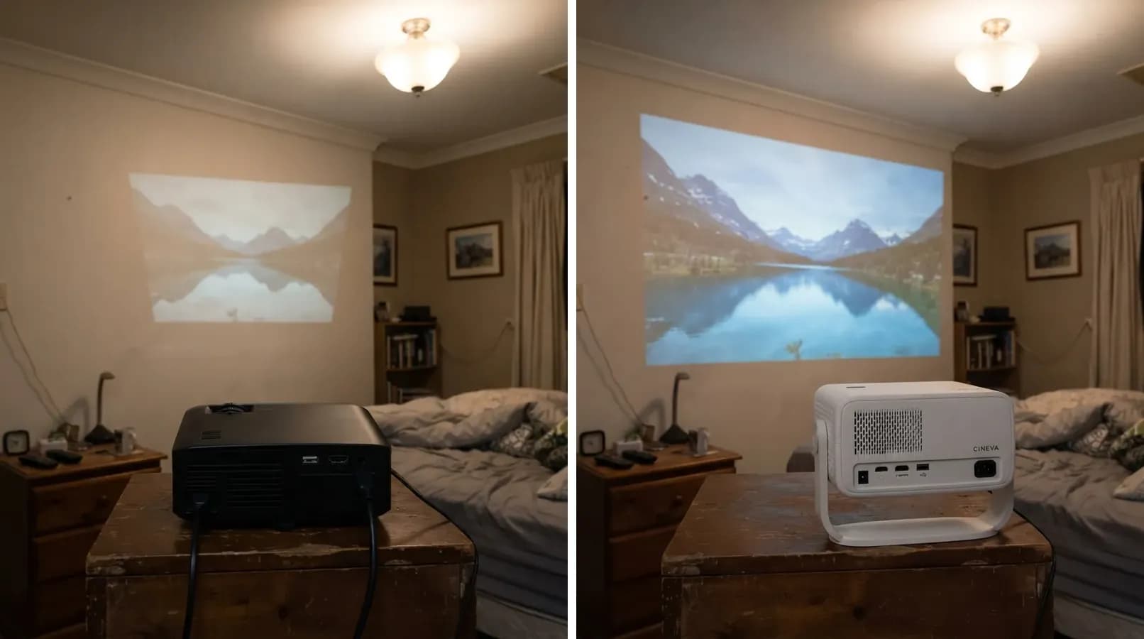 Two pictures of the same bedroom wall with a lamp on: a dim, grey picture from a cheap projector and a bright one from the Cineva One