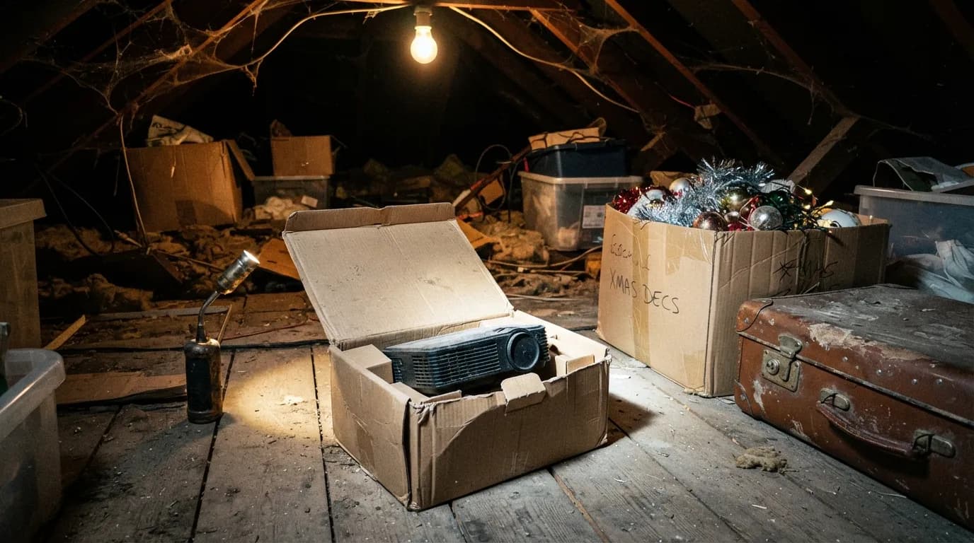 A cheap black mini projector in its open box in a dusty British loft beside Christmas decorations