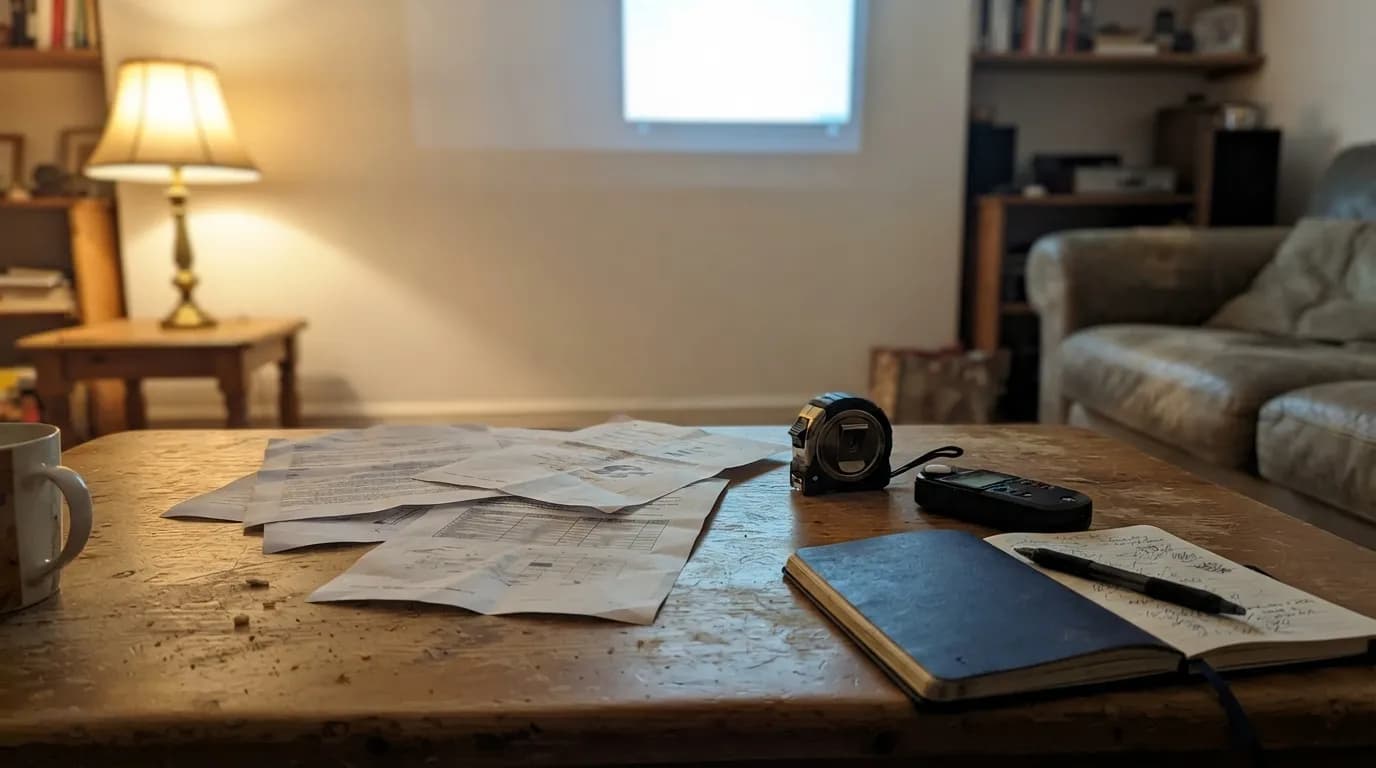 Spec sheets, a tape measure and a light meter on a coffee table in a lounge