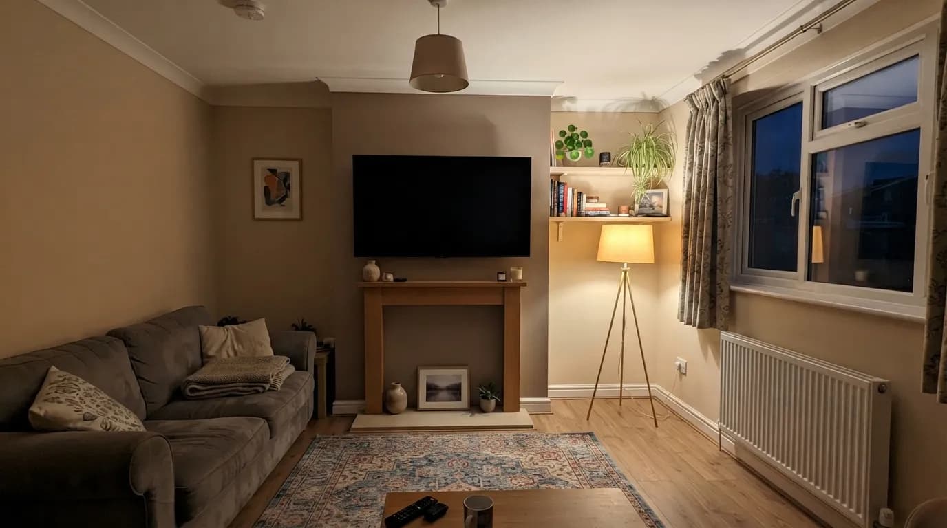An ordinary British living room in the evening with a flat TV on the chimney breast