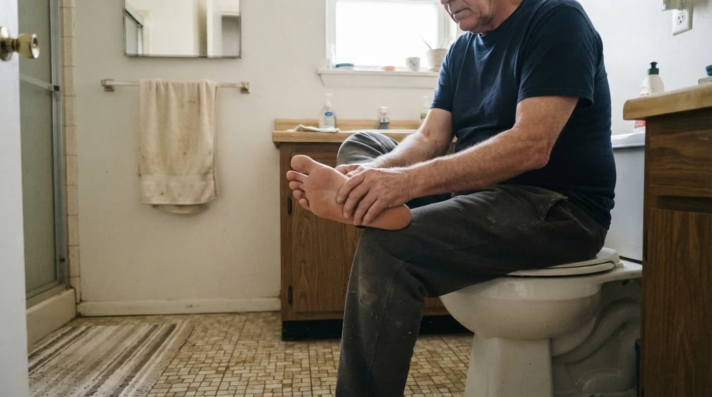 An older man's bare feet on a bathroom floor as he checks the sole of one foot