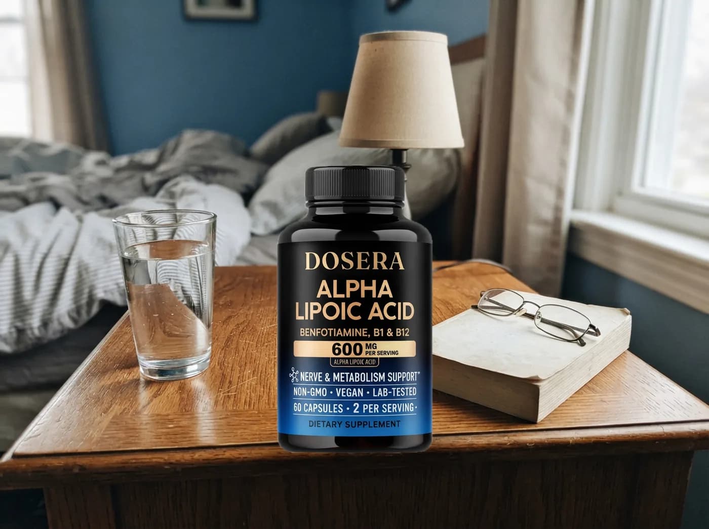 The alpha-lipoic acid bottle on a nightstand beside reading glasses and a lamp