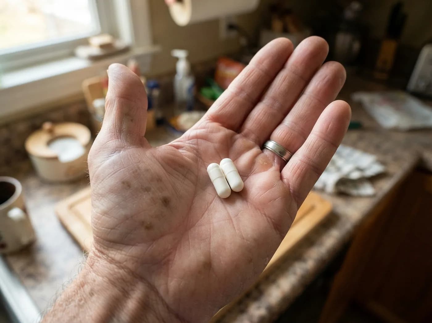Two capsules in the palm of an older man's hand, the bottle behind