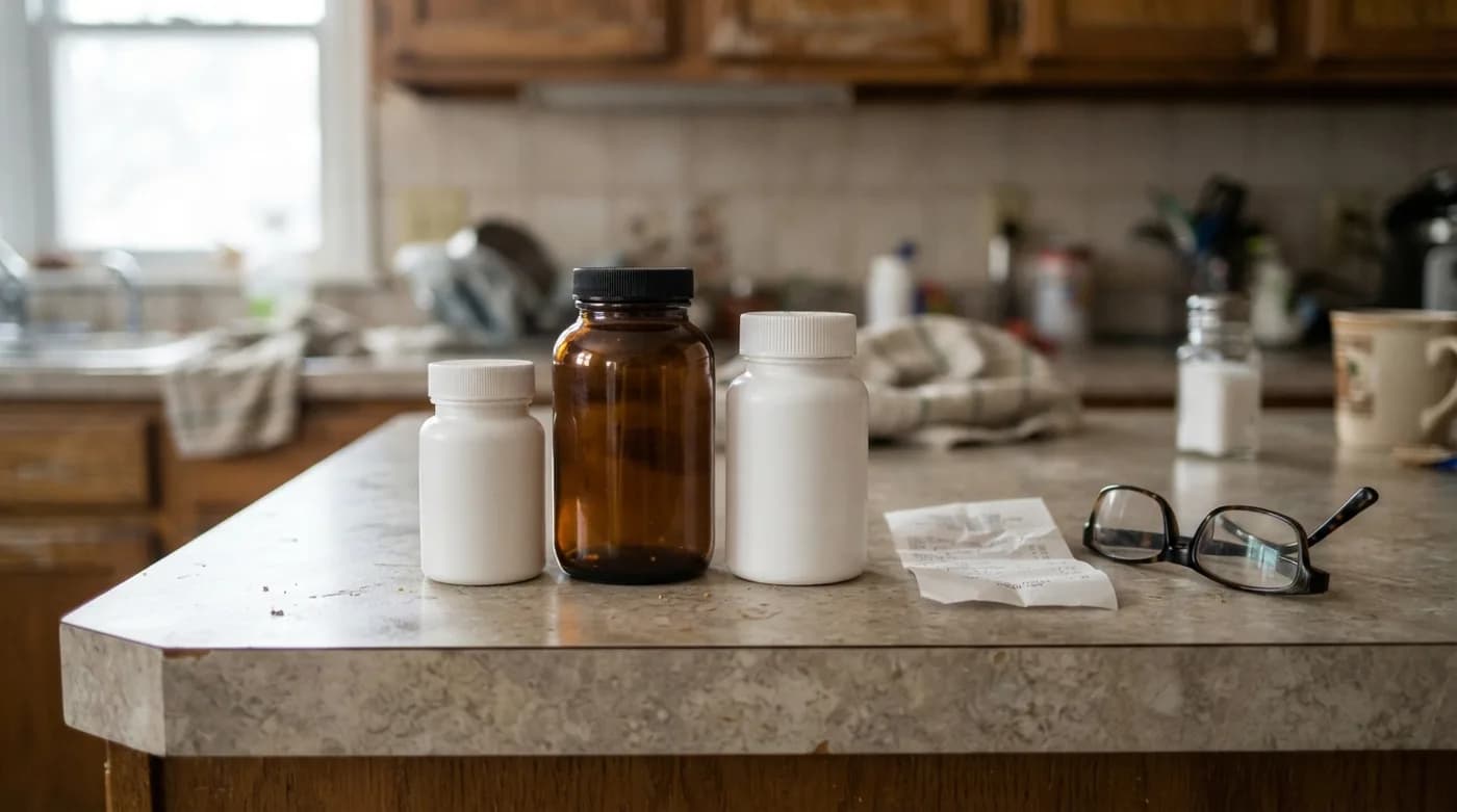 Three different supplement bottles lined up on a kitchen counter, with a receipt and reading glasses