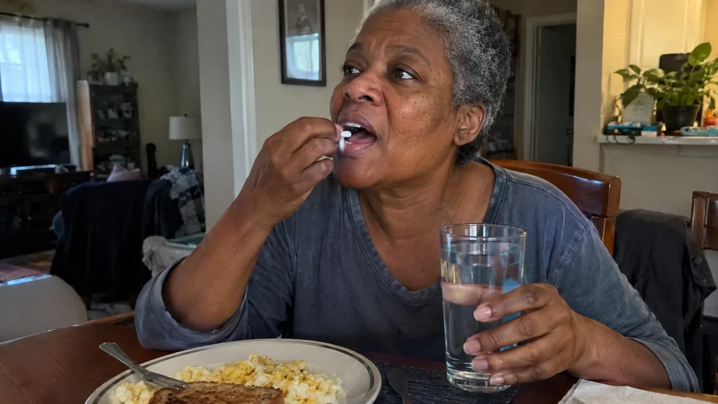 A woman in her sixties taking a capsule with a glass of water at a breakfast table