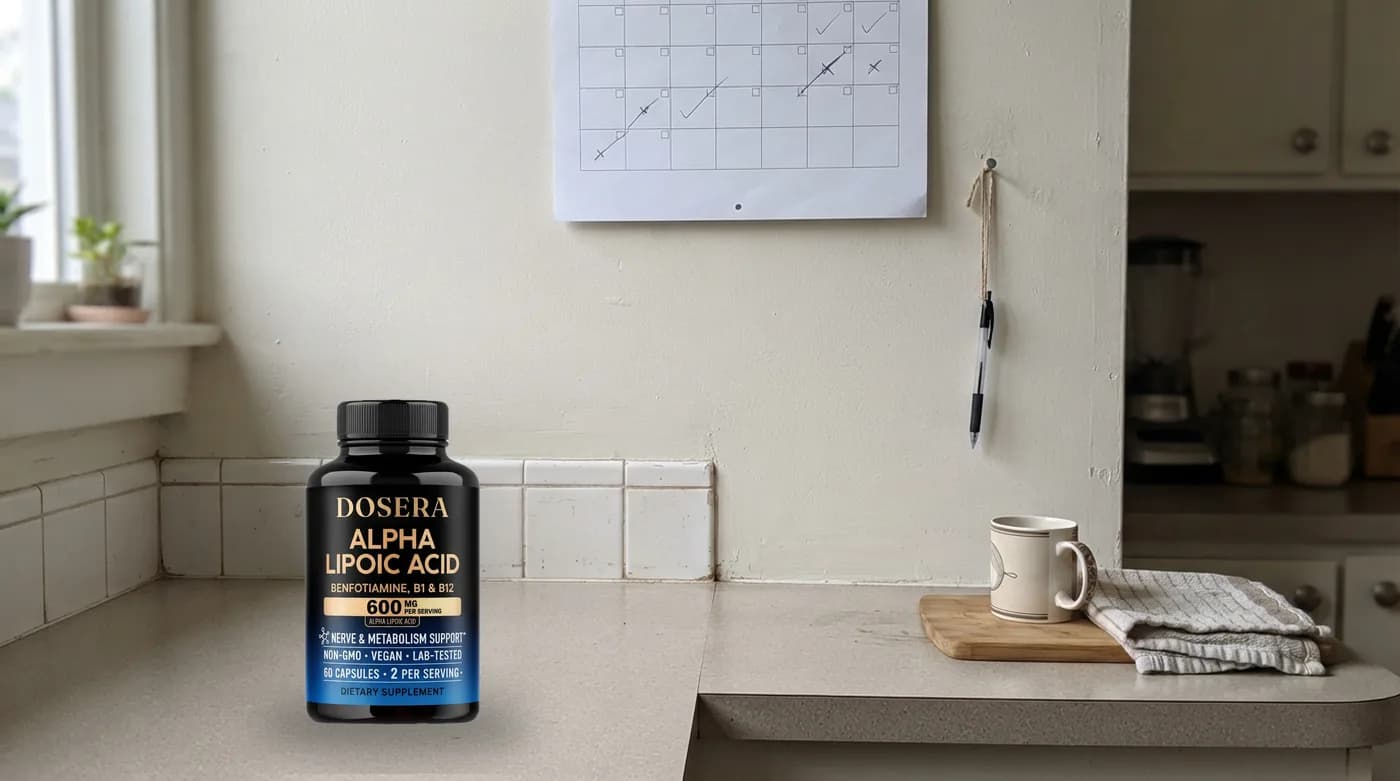 A wall calendar in a kitchen with a pen, and a capsule bottle on the counter below