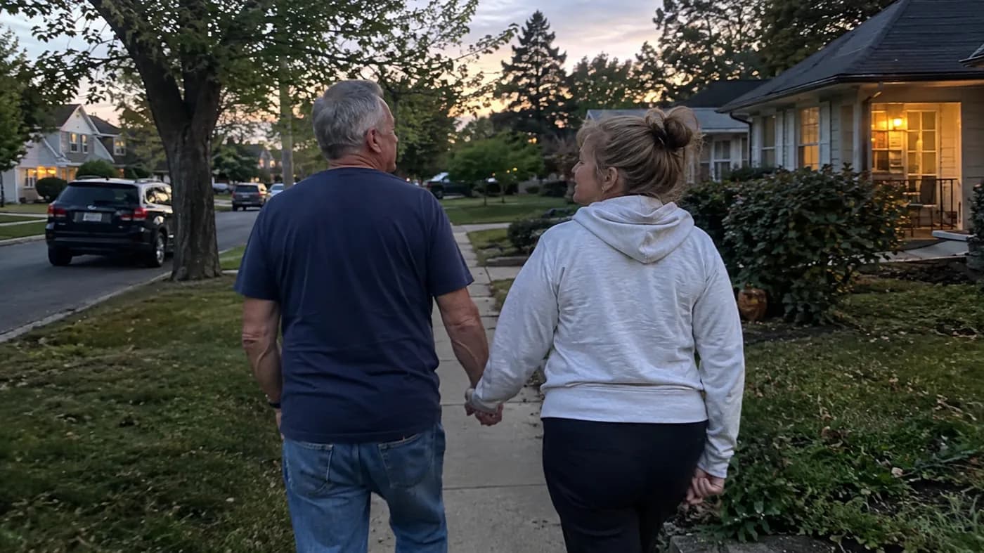 An older couple walking together on a suburban sidewalk in the early evening