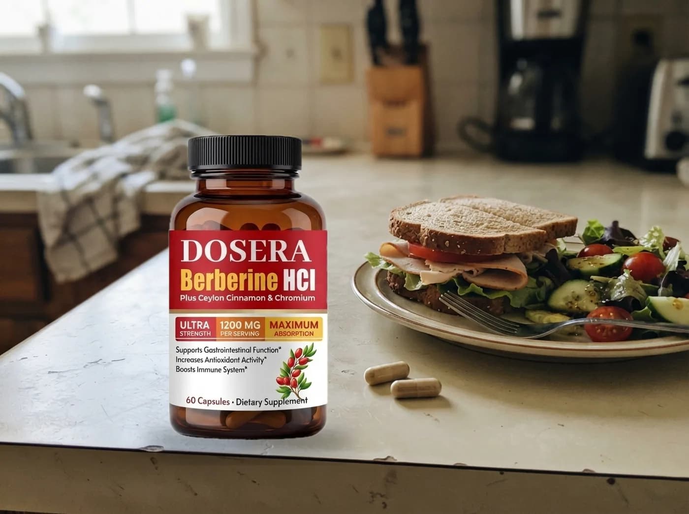 The berberine bottle on a counter with two capsules beside a breakfast plate