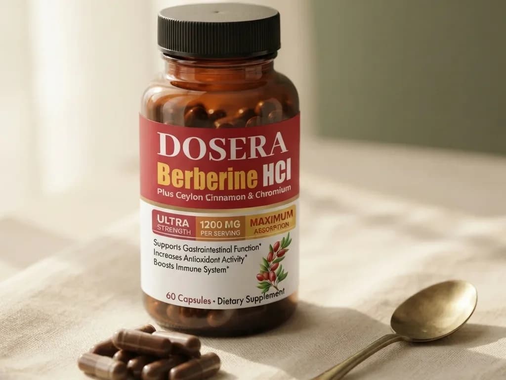 The berberine HCl bottle on a linen cloth with a few capsules in front