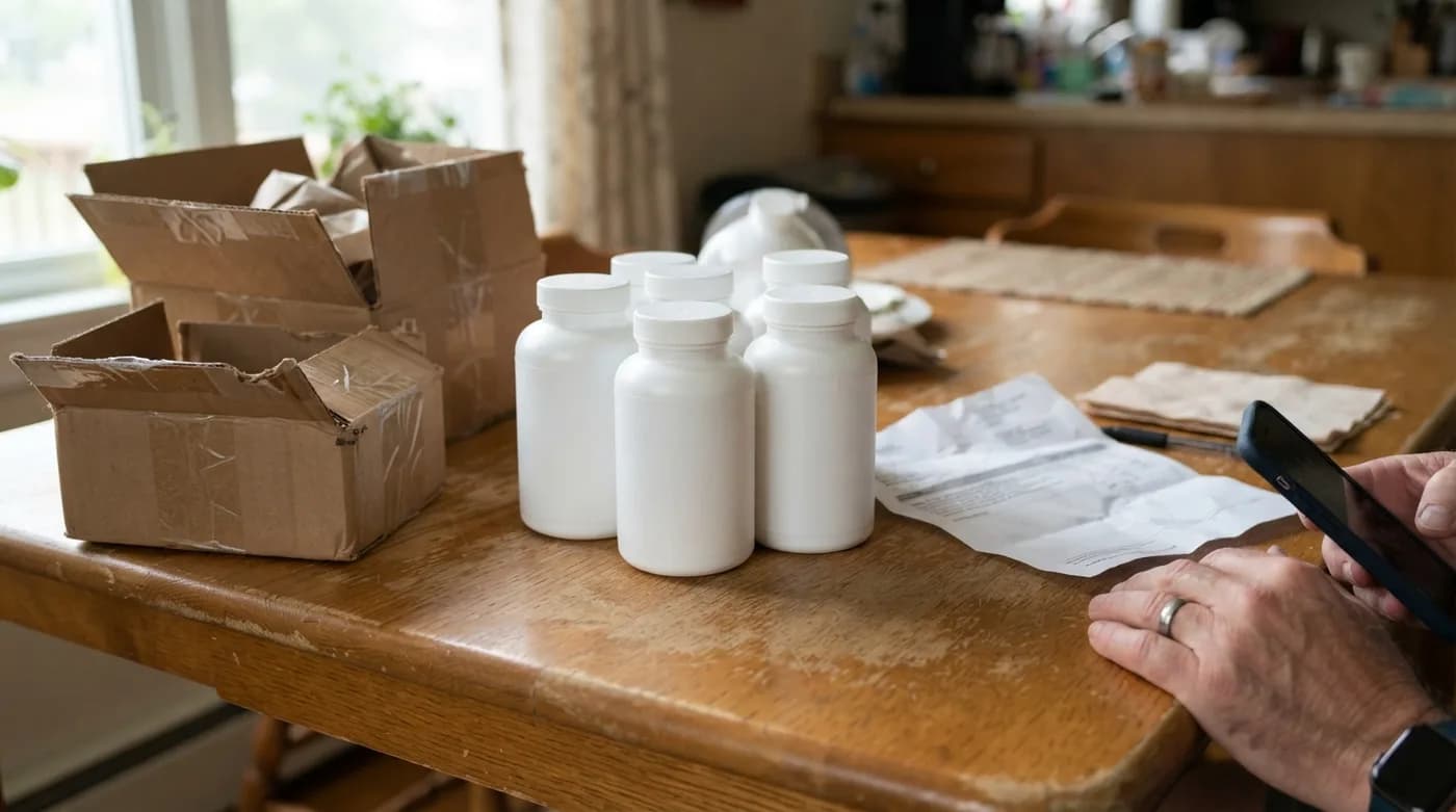 A pile of supplement bottles and shipping boxes on a dining table next to an opened credit card statement