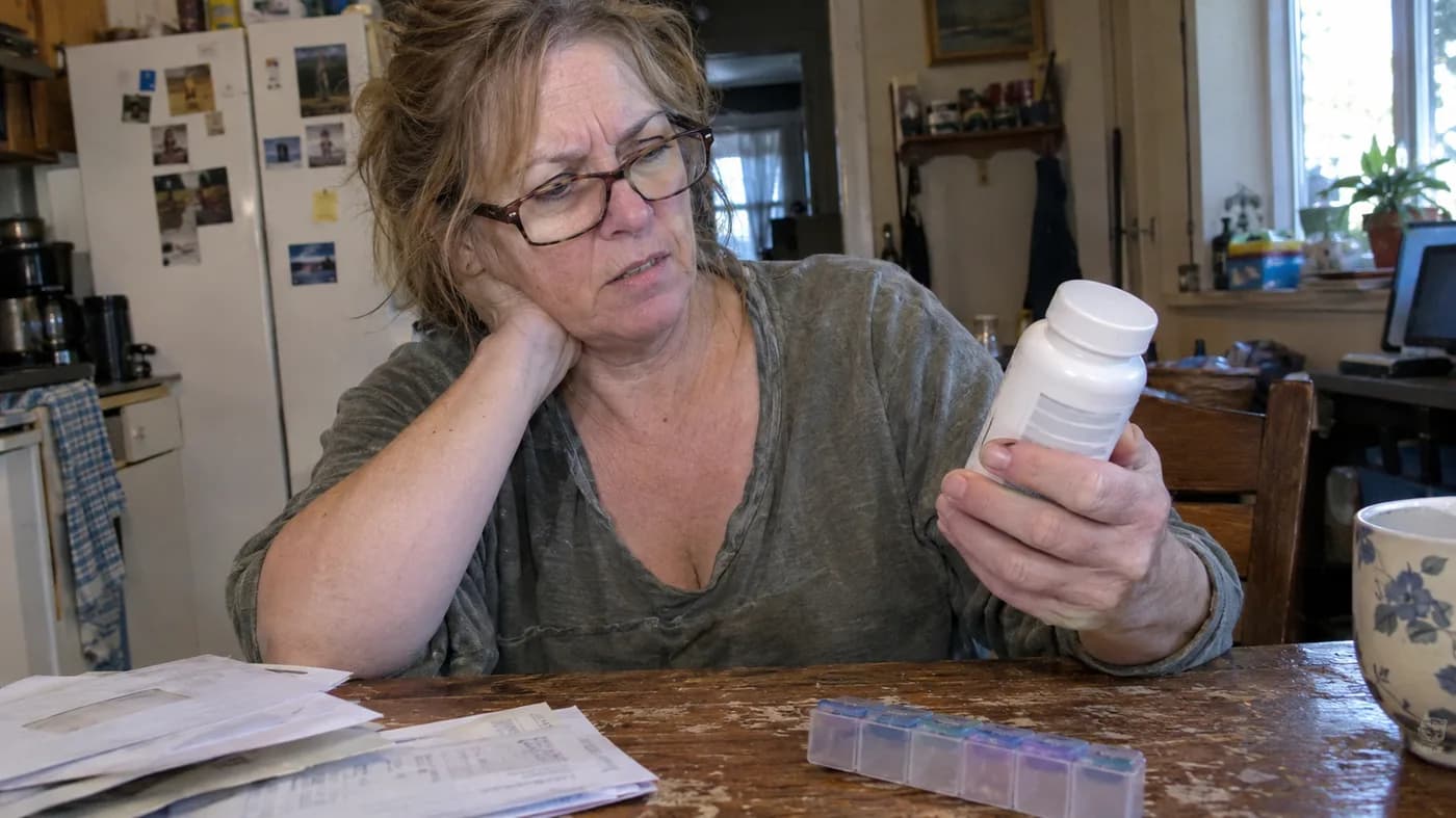 A woman in her fifties reading the back of a supplement bottle at her kitchen table