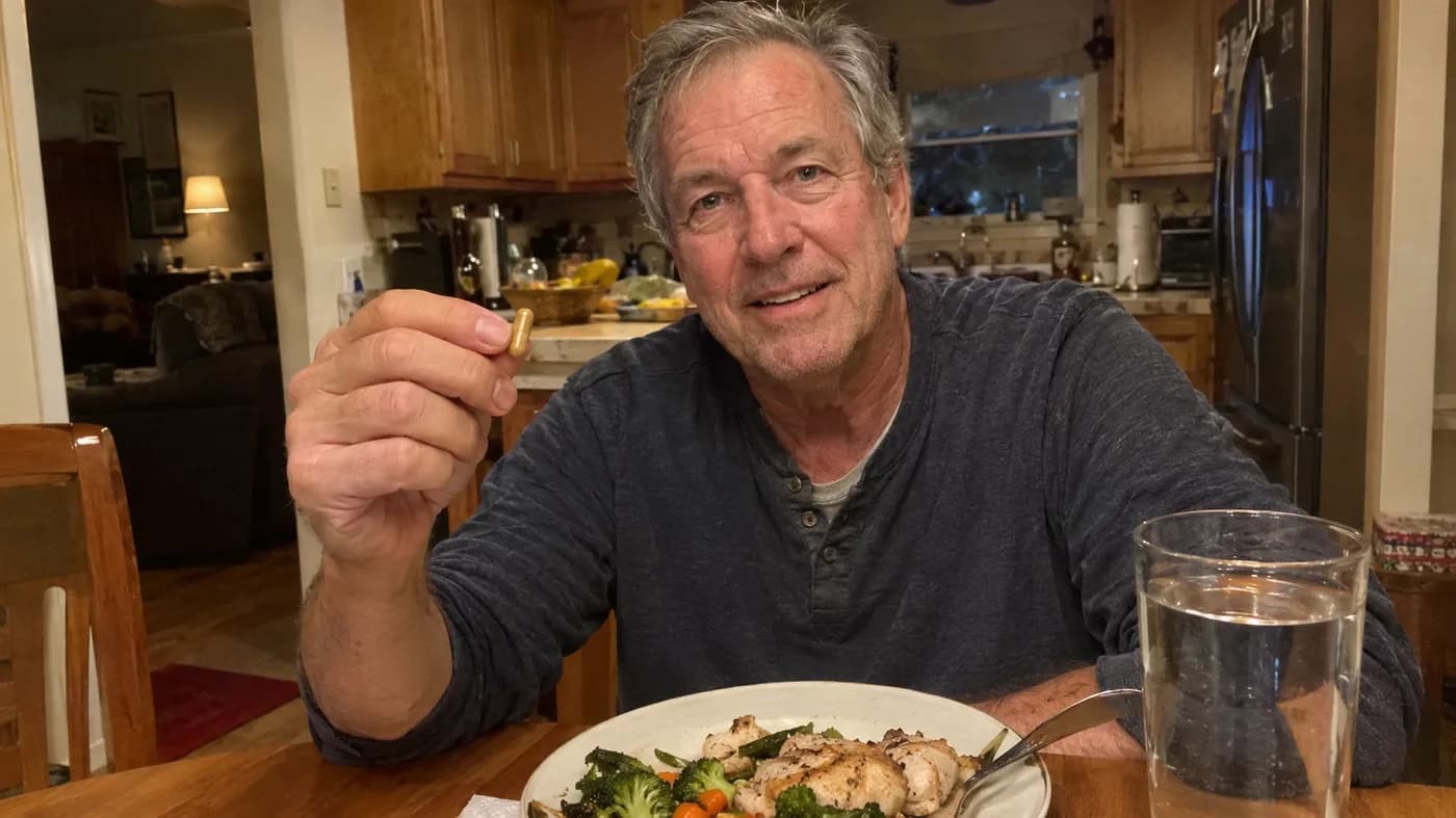A man in his sixties taking one capsule with a plate of dinner and a glass of water