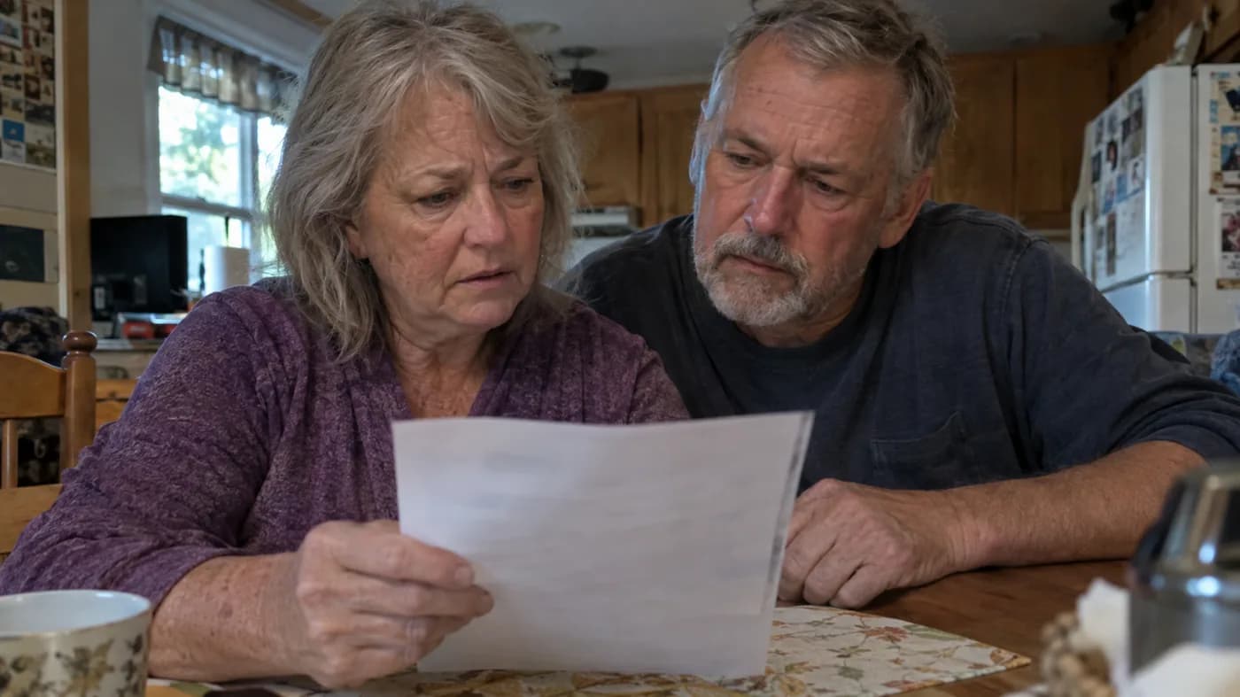 An older couple reading a lab results letter together at the kitchen table