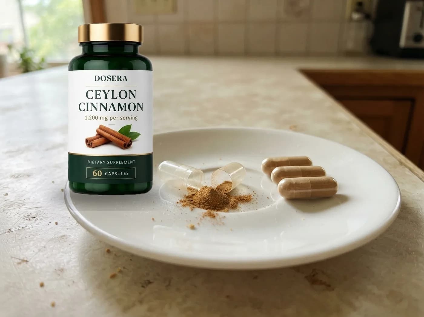 An opened Ceylon cinnamon capsule spilling light tan powder beside the bottle