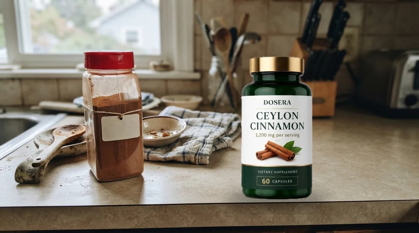 A cheap jar of ground cinnamon next to a supplement bottle on a kitchen counter