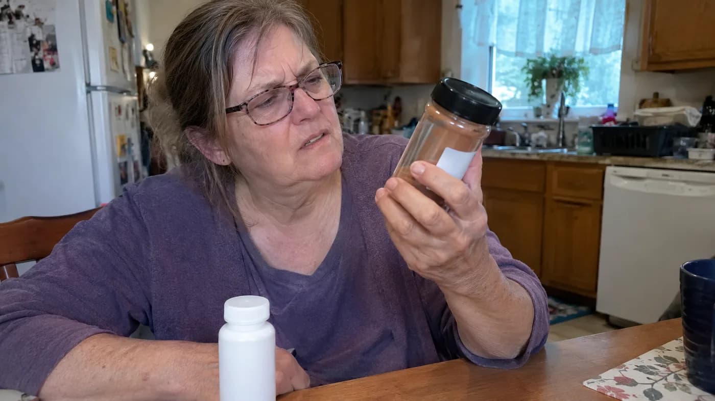 A woman in her sixties at her kitchen table comparing a grocery-store cinnamon jar with a capsule bottle