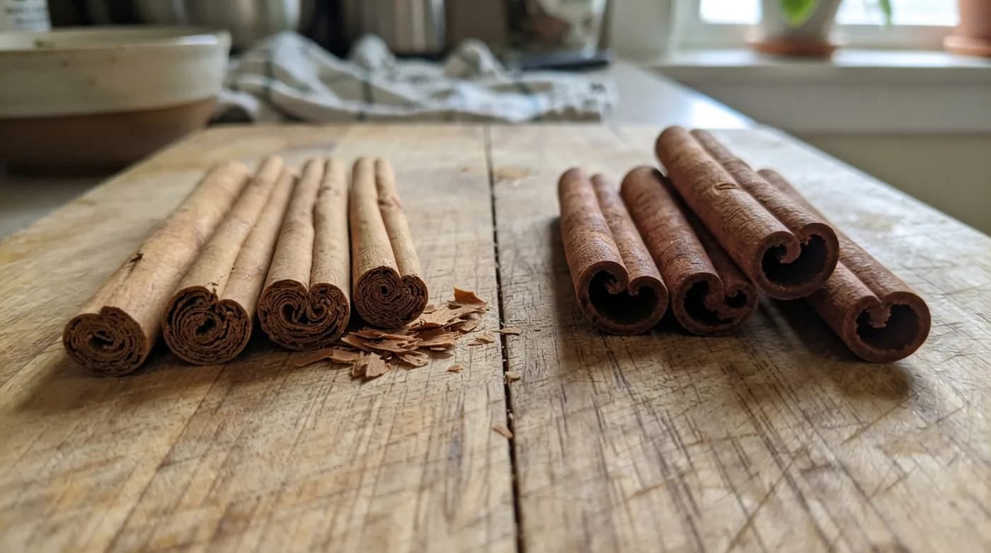Thin layered Ceylon quills next to thick hard cassia sticks on a wooden board
