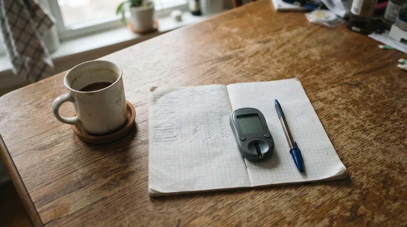A paper log of morning blood sugar readings next to a meter and a coffee mug