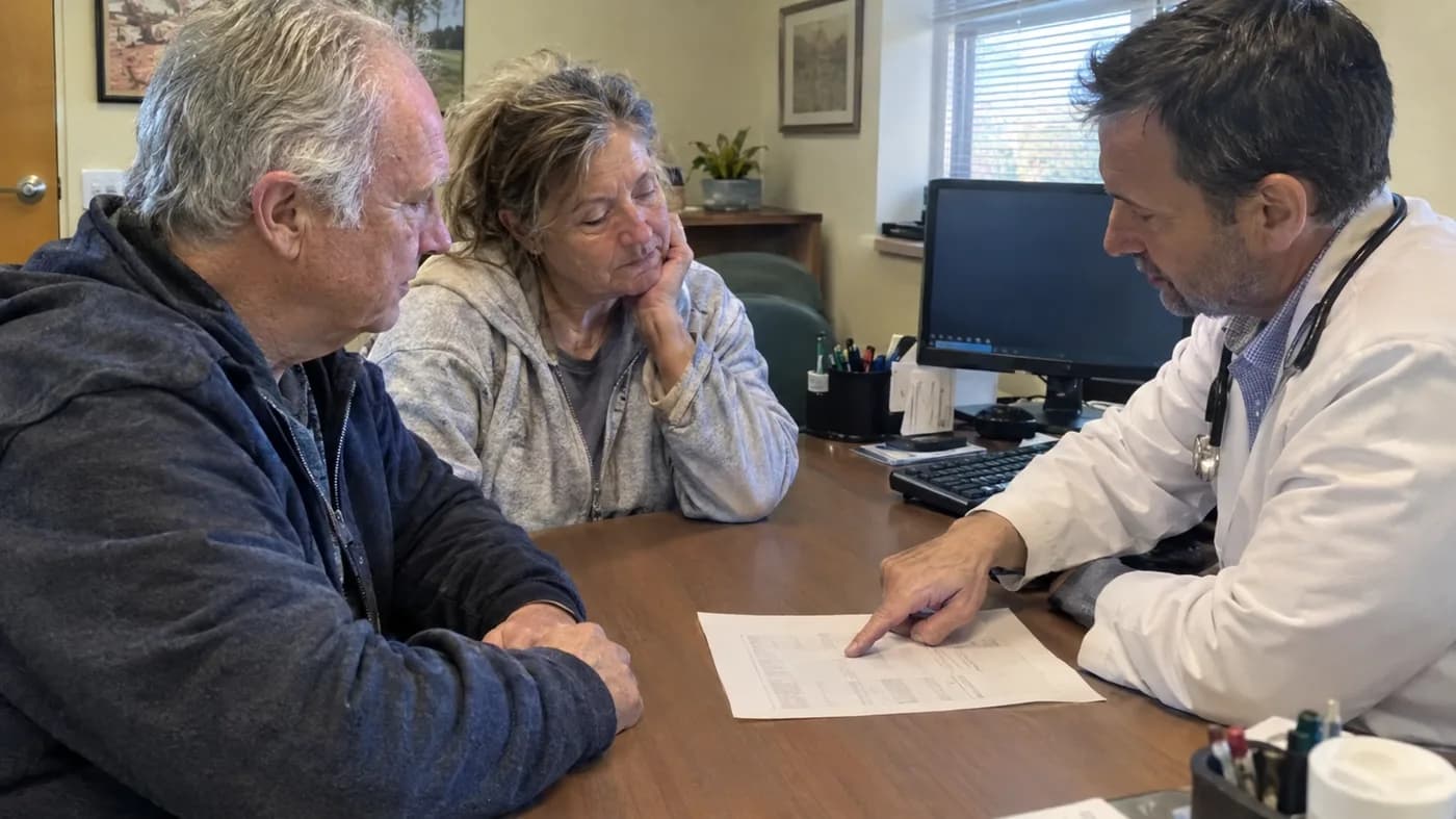 A couple in their sixties at a doctor's office, the doctor pointing at a lab printout