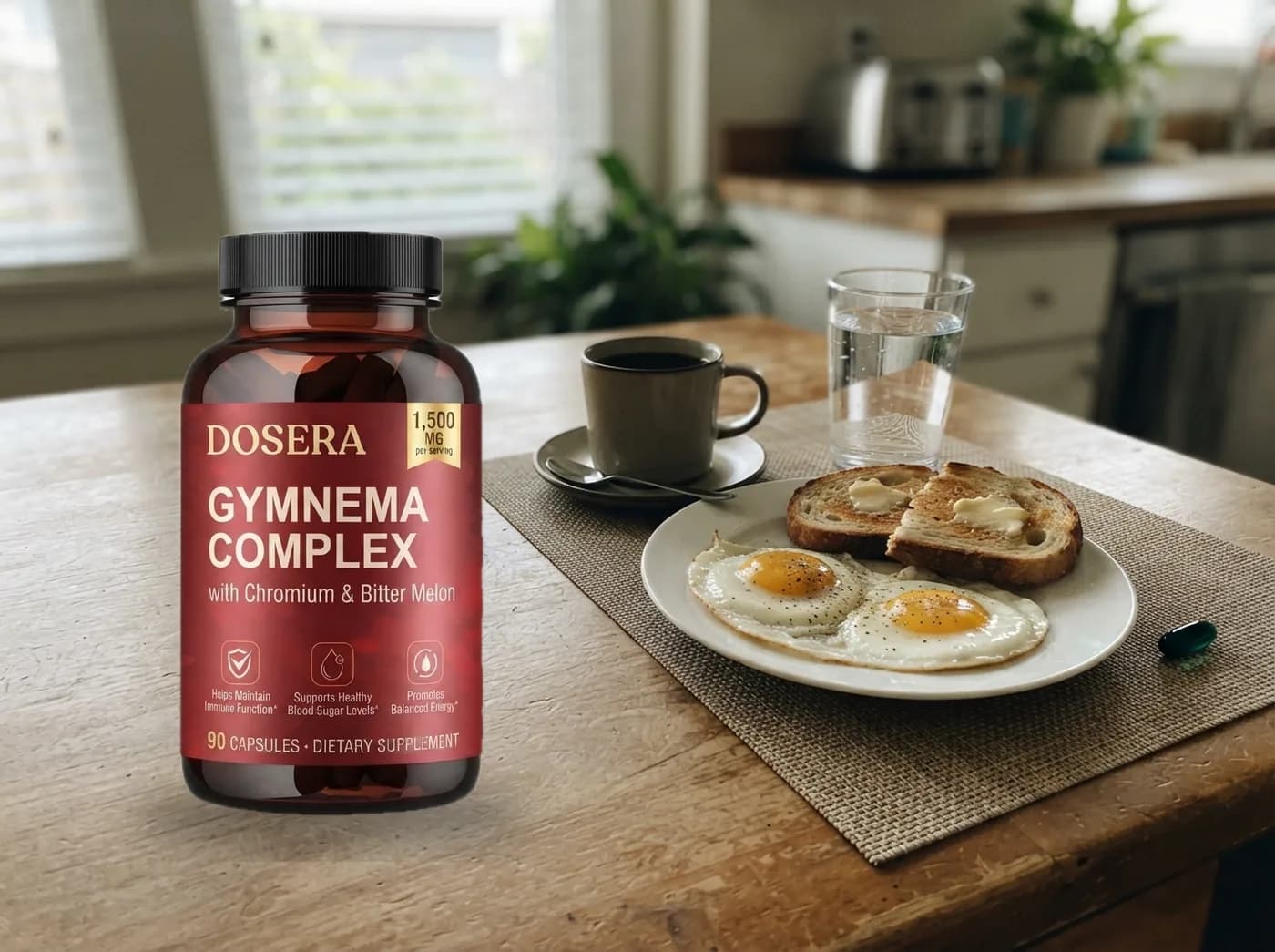 The gymnema capsule bottle on a breakfast table next to a plate of eggs and toast