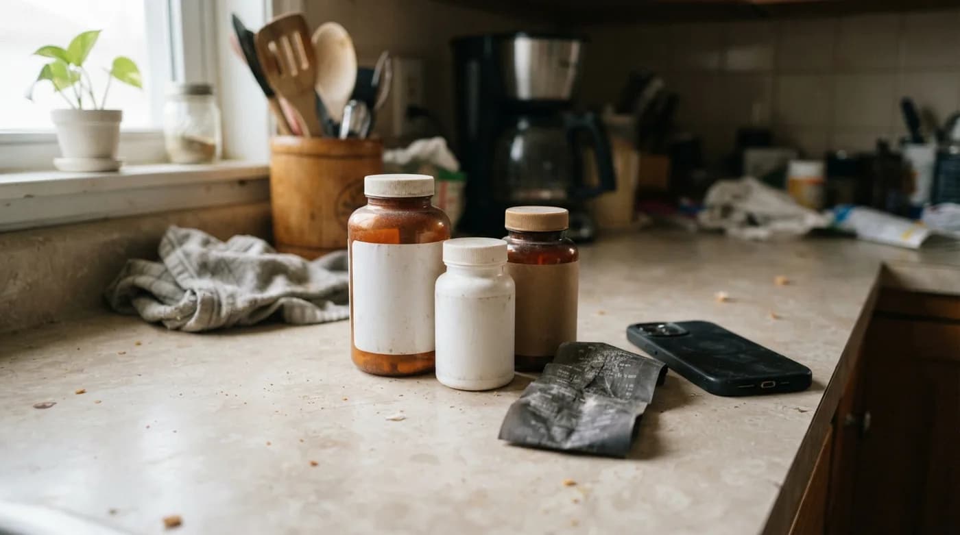 Three supplement bottles of different sizes on a counter beside a grocery receipt, labels turned away