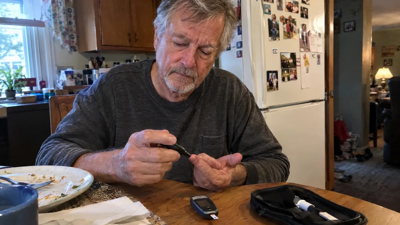 A man in his sixties checking his blood sugar with a finger-stick meter at a kitchen table after lunch