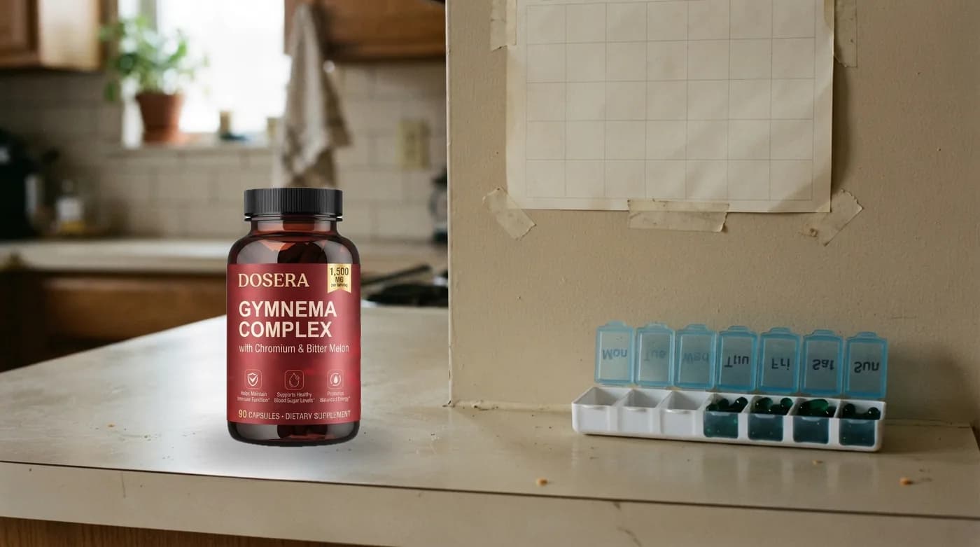 A wall calendar in a kitchen with a pill organizer on the counter below it