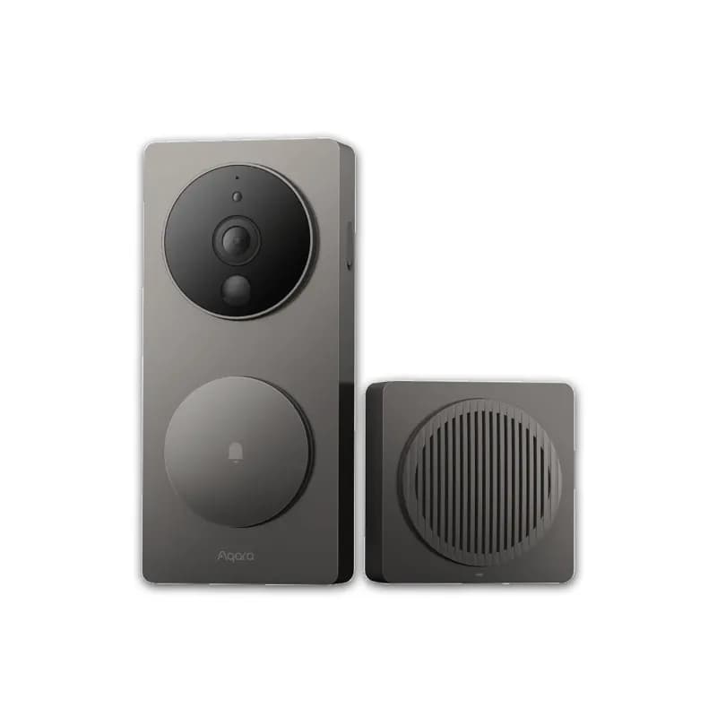Gray Aqara G4 video doorbell next to its square plug-in chime repeater