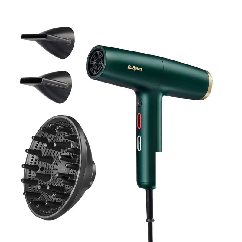 BaByliss Air Power Pro hair dryer in green with two nozzles and a diffuser