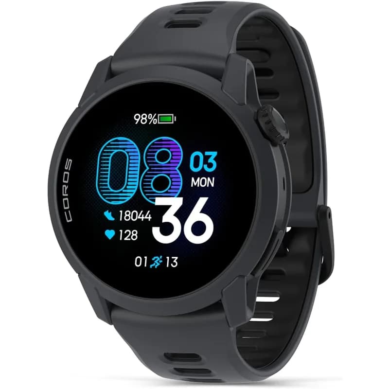 COROS PACE 4 running watch with black silicone strap and AMOLED screen