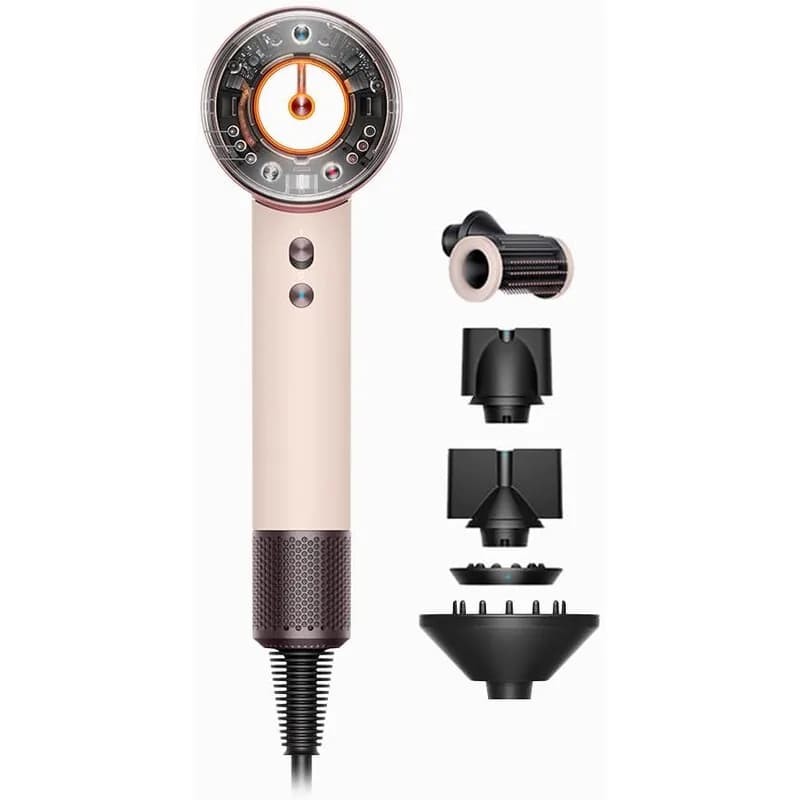 Dyson Supersonic Nural hair dryer in pink with its five attachments