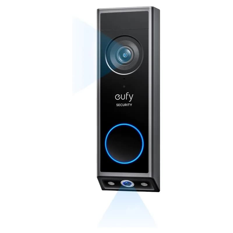 Black Eufy E340 video doorbell with two cameras and a blue ring button