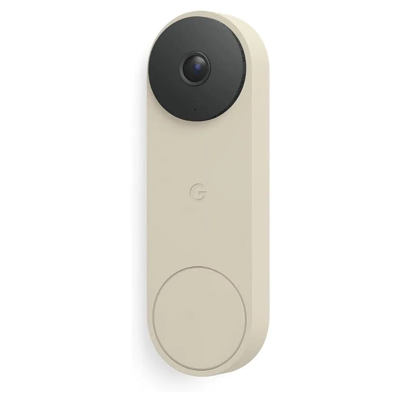 Linen-colored Google Nest Doorbell wired 3rd gen with a black camera circle at the top